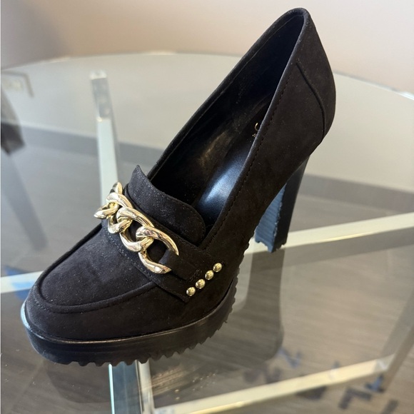 JLo Jennifer Lopez black suede platform high heels front gold chain size 6M - Picture 3 of 15